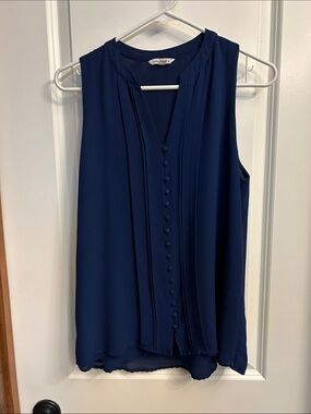 Naked Zebra Sleeveless Dark Blue Pleated Button-Front Blouse